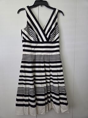 White House Black Market Black and White Striped V-Neck Midi Dress
